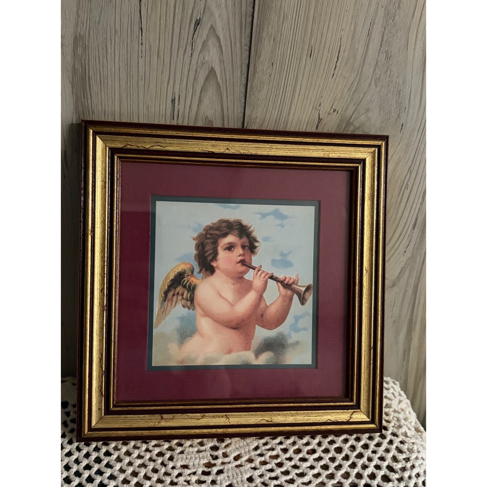 Home Interiors & Gifts Vintage Cherub Angel Framed Art Print Gold Burgundy